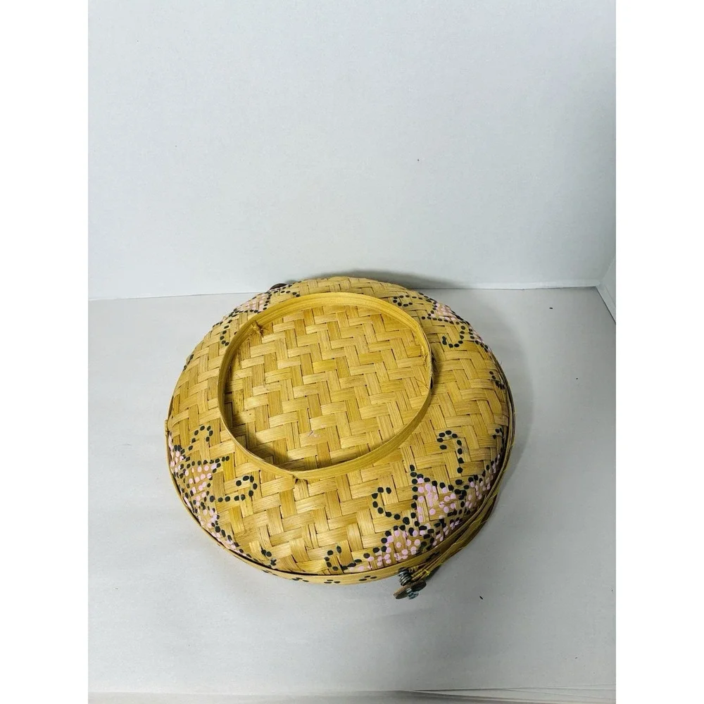 Bamboo Wicker Picnic Food Baskets X3 With Yellow Bug Netting Vintage 3‎ Sizes